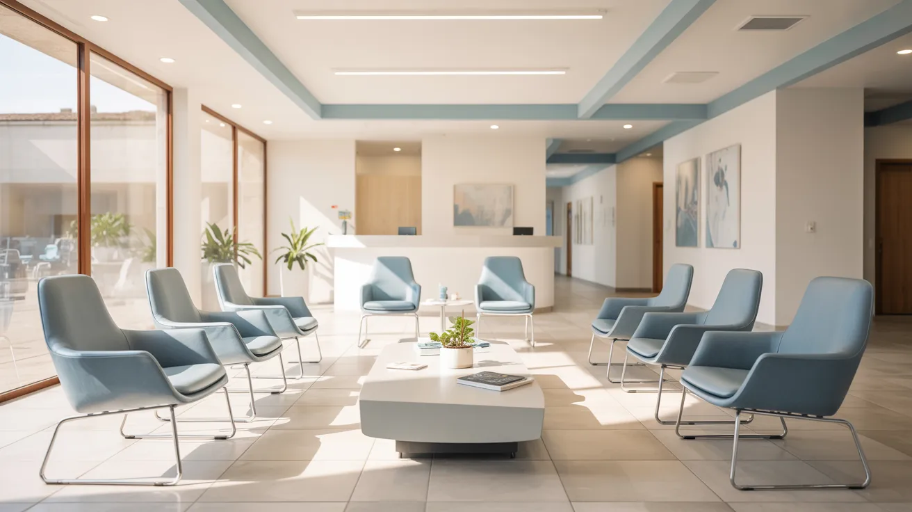 Bright, modern waiting room at Franconia Family Dental with comfortable blue chairs and natural light